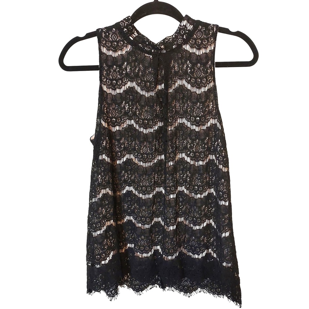 Black Lace Sleeveless Top Womens Size L Mock Neck Keyhole Back Elegant